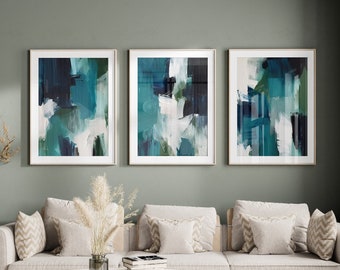 Abstract Set of 3 Turquoise Wall Decor, Set of Blue Green Brush Stroke Prints, Modern Living Room Decor, Blue Over the Bed Print Set