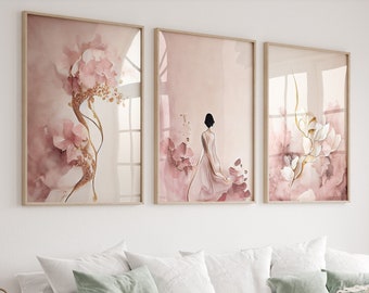 Pink Gold Flower Prints Set: Elegant Woman, Modern Bedroom Art