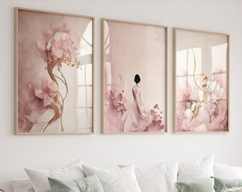 Set of 3 Pink Gold Prints, Abstract Elegant Woman Flowers, Watercolour Prints, Classy Fashion Art, Modern Bedroom Dressing Room, Unframed