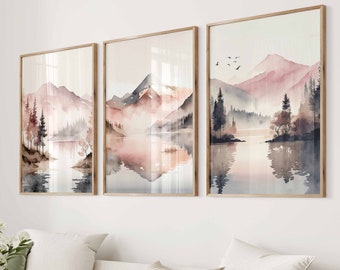 Set of 3 Pink Watercolour Landscape Prints, Pink, Beige, Grey, Abstract Lake and Trees Art, Nordic Home Decor, Neutral Living Room Decor