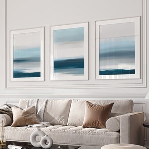 Set of 3 Minimalist Prints, Blue White Brush Stroke Art Trio, Modern Abstract Wall Art, Blue Bedroom Room Decor, Living Room Print Set