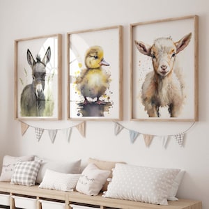 Set of 3 Farm Animal Watercolour Prints, Farmyard Creatures Print Set, Nursery Decor Prints, Child's Bedroom Art, Donkey Ducking Goat Prints