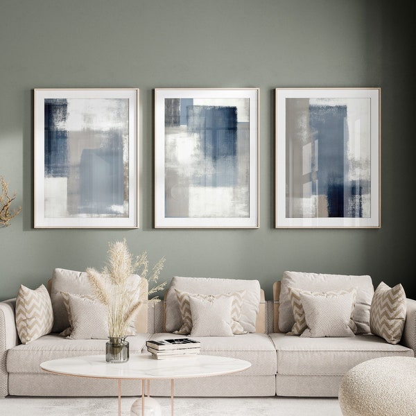 Blue Grey Abstract Set of 3 Prints, Brush Strokes Art Trio, Modern Abstract Wall Art, Blue Home Decor, Living Room Print Set, Grey Print Set