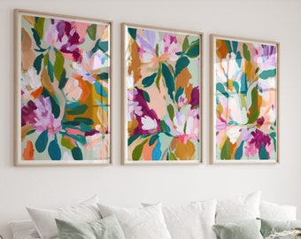 Set of 3 Bright Abstract Floral Prints, Pink Green Orange Art Trio, Brush Stroke Prints, Modern Block Colour Wall Art, Modern Decor Prints
