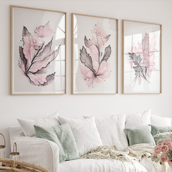 Pink Floral Set of 3 Prints, Set of 3 Watercolour Prints, Pink, Black, Grey, Abstract Flowers Wall Art, Home Decor, Bedroom Decor