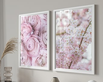 Estampados florales rosas Conjunto de 2, Impresiones de arte de pared de flores, Ranúnculo rosa, Flor de cerezo rosa, Decoración bonita del dormitorio, Decoración de la oficina en el hogar, A2