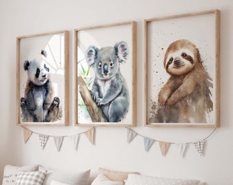 Conjunto de 3 estampados de animales en acuarela, lindo conjunto de estampados de animales bebés, estampados de decoración de guardería, arte del dormitorio del niño, estampados de perezosos panda koala