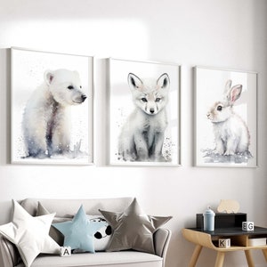 3er-Set Aquarell Tierdrucke, Schnee Arktis Tiere Druckset, Kinderzimmer Dekor Drucke, Kinderzimmer Dekor Drucke, Eisbär Fuchs Hase Drucke