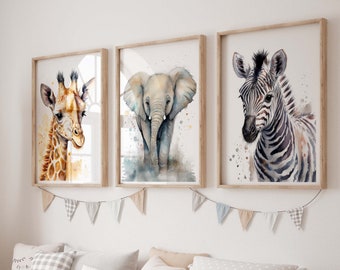 Set of 3 Watercolour Animal Prints, Safari Animals Print Set, Nursery Decor Prints, Child's Bedroom Art, Elephant Giraffe Zebra Prints