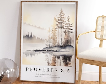 Proverbs 3:5 Wall Art Print, Christian Faith Posters, Bible Verse Decor Prints, Watercolour Art Prints, Modern Christian Scripture Wall Art