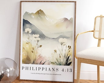 Philippians 4:13 Wall Art Print, Christian Faith Posters, Bible Verse Decor Prints, Watercolour Art Prints, Modern Christian Scripture Art