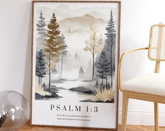 Psalm 1:3 Wall Art Print, Christian Faith Posters, Bible Verse Decor Prints, Watercolour Art Prints, Modern Christian Scripture Wall Art