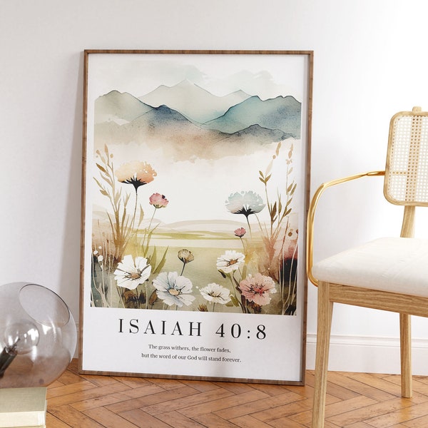 Jesaja 40:8 Wandkunstdruck, christliche Glaubensposter, Bibelvers-Dekordrucke, Aquarell-Kunstdrucke, moderne christliche Schrift-Wandkunst