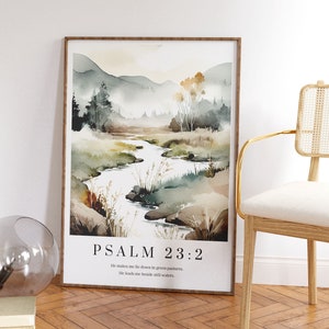 Psalm 23:2 Wall Art Print, Christian Faith Posters, Bible Verse Decor Prints, Watercolour Art Prints, Modern Christian Scripture Wall Art