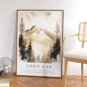 John 3:16 Wall Art Print, christelijk geloof posters, bijbelvers decor prints, aquarel kunst wordt afgedrukt, moderne christelijke schrift kunst aan de muur