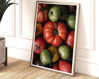 Kitchen Wall Decor, Colourful Tomatoes Print, Italian Kitchen Wall Art Prints, Red Green Kitchen Art, Moody Food Photograph, Unique Cafe Art