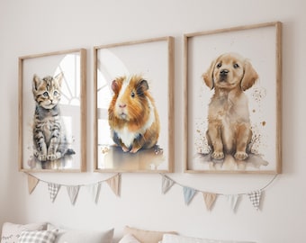 Set of 3 Watercolour Pet Animal Prints, Cute Baby Animals Print Set, Nursery Decor Prints, Child's Bedroom Art, Puppy, Kitten, Guinea Pig