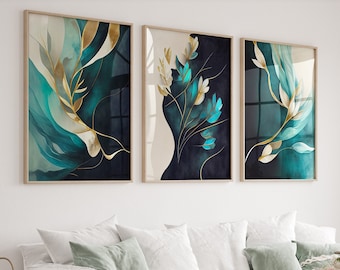 Set of 3 Abstract Turquoise Gold Leaves Prints, Watercolour Wall Art, Botanical Wall Art Prints, Illustrated Leaves Print, Living Room Decor