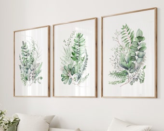 Set of 3 Botanical Prints, Watercolour Eucalyptus Fern Leaves Prints, Boho Green Home Decor Prints, Illustrated Plant Prints, Bedroom Art