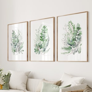 Set of 3 Botanical Prints, Watercolour Eucalyptus Fern Leaves Prints, Boho Green Home Decor Prints, Illustrated Plant Prints, Bedroom Art