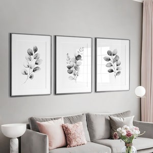 Grey Set of 3 Botanical Prints, Grey Eucalyptus Leaves Wall Art, Black White Botanical Decor, Set of 3 Living Room Prints, Bedroom Wall Art