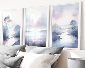 Conjunto de impressão de paisagem em aquarela: decoração nórdica em roxo e azul