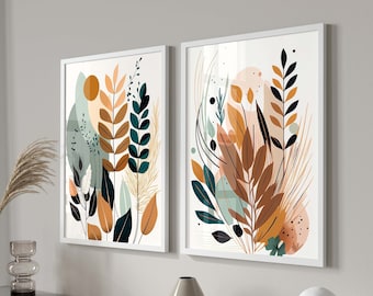 Set of 2 Boho Illustrated Leaves Prints, Abstract Botanical Nature Art, Terracotta Burnt Orange Teal Prints, Mid-Century Scandi Wall Decor