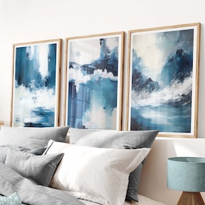 Set of 3 Abstract Blue White Prints, Set of 3 Brush Stroke Prints, Abstract Wall Art, Modern Bedroom Room Decor, Living Room Print Set