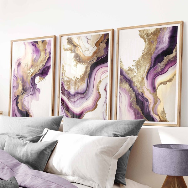 Set of 3 Purple Gold Marble Prints, Abstract Glitter Wall Decor, Classy Fashion Art Prints, Modern Bedroom Dressing Room, Purple Living Room