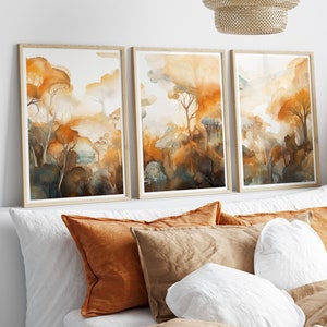 Set of 3 Watercolour Forest Prints, Beige Orange Green Landscape Prints, Scandi Boho Art, Abstract Nature Art, Neutral Living Room Decor