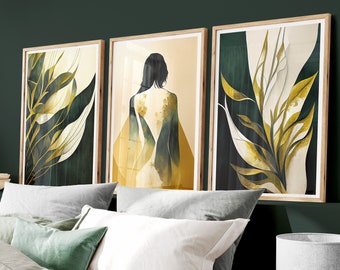 Set of 3 Green Gold Prints, Abstract Elegant Woman, Watercolour Botanical Prints, Classy Fashion Art Prints, Modern Bedroom Dressing Room,