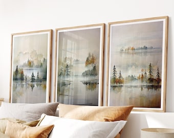Watercolour Landscape Set of 3 Prints, Set of 3 Nature Prints, Beige, Black, Green, Abstract Nordic Lake Art, Home Decor, Living Room Decor