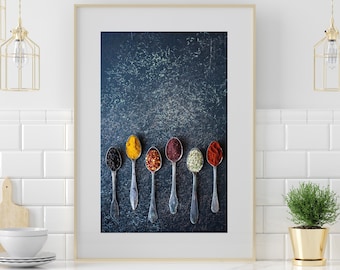 Kitchen Wall Decor, Spices, Spoons, Pantry Decor, Rustic Blue Kitchen Art, Farmhouse Food Photography, Cafe Art, Quirky Kitchen Wall Print