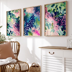Set of 3 Pink Blue Abstract Prints, Vibrant Boho Art Trio, Brush Stroke Shapes Prints, Contemporary Block Colour Art, Modern Decor Prints