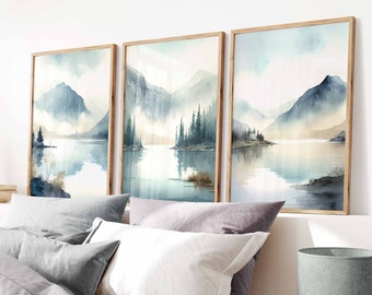 Blue Landscape Set of 3 Prints, Set of 3 Watercolour Prints, Abstract Mountain Lake Art, Nordic Home Decor, Elegant Living Room Decor