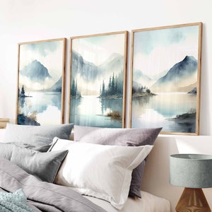 Blue Landscape Set of 3 Prints, Set of 3 Watercolour Prints, Abstract Mountain Lake Art, Nordic Home Decor, Elegant Living Room Decor