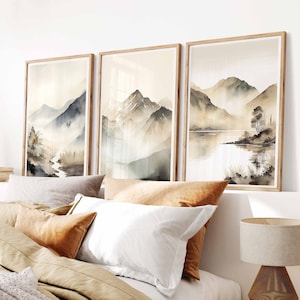 Set of 3 Neutral Watercolour Landscape Prints, Beige, Cream, Grey, Abstract Mountains Lake Art, Nordic Home Decor, Neutral Living Room Decor