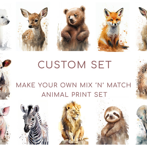 Custom Set Watercolour Animal Prints, Animals Print Set, Nursery Decor Prints, Child's Bedroom Art, Gallery Wall, Multiple Print Set