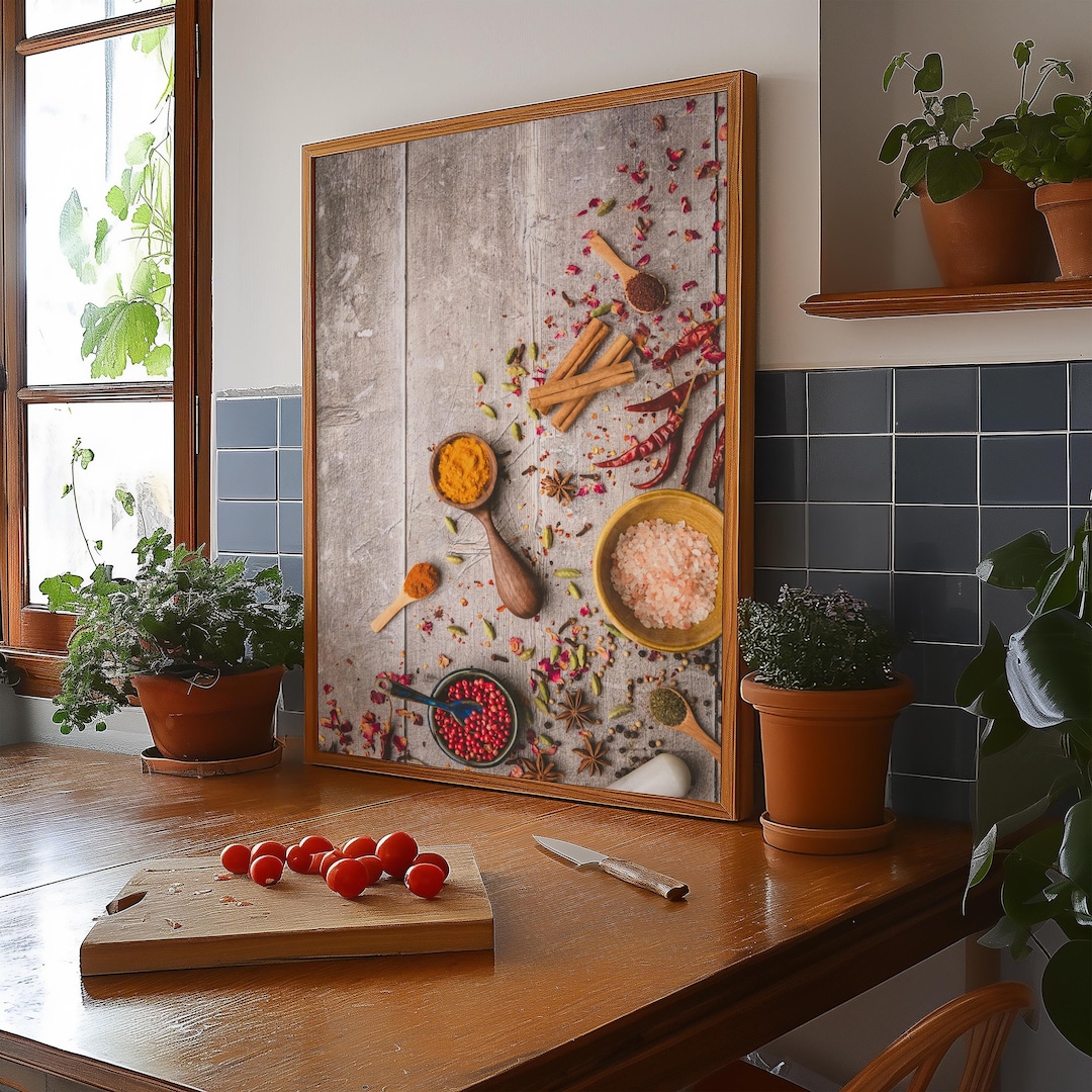額装品/Epices Spices/アートポスター Colorful Spices Still Life Photography Print: Rustic Kitchen Wall