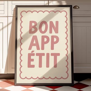 Impression d'affiche Bon appétit, impression typographie, impression de texte rose crème, impression décoration de cuisine, impression graphique tendance, impression d'aliments, affiche de salle à manger