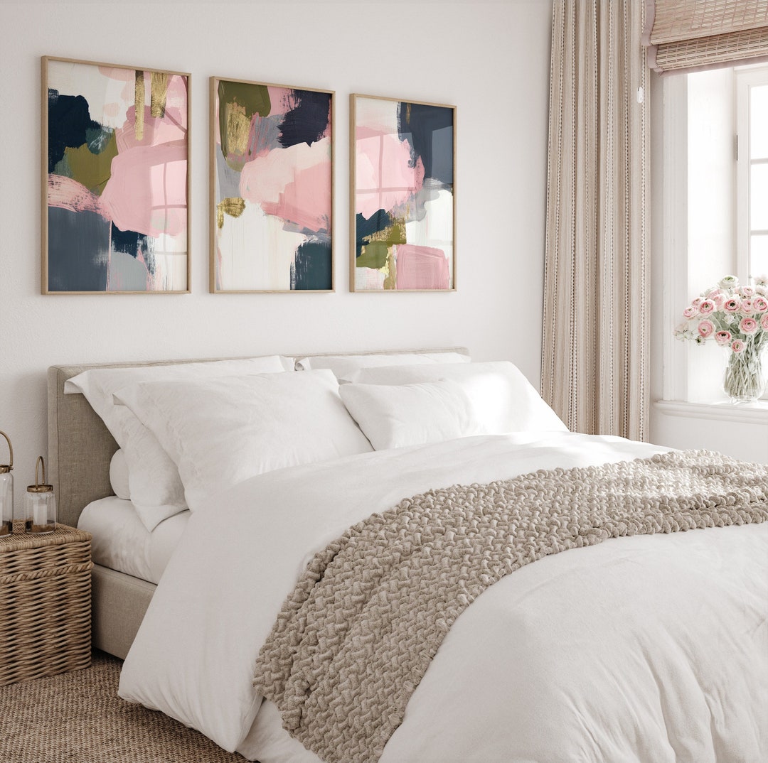 Abstract Set of 3 Prints, Pink Navy Grey Gold Wall Art, Set of 3 Brush ...