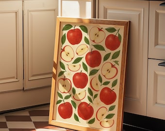 Appels keukenafdruk, aquarel appels kunst, fruitposter, keukenafdruk, appels decor, rode afdruk, illustratie Cottagecore