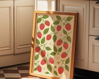 Lámina de frambuesas para cocina, arte de frambuesas en acuarela, póster de frutas, lámina de cocina, decoración de frambuesas, lámina roja, ilustración cottagecore