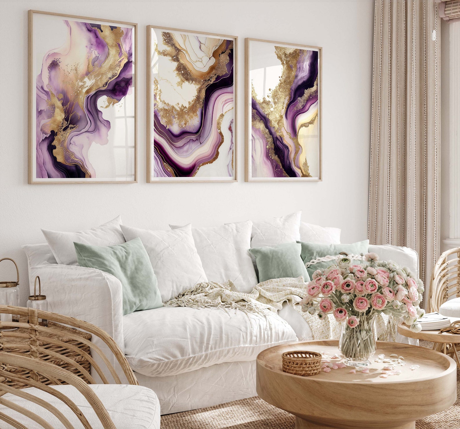 Set of 3 Purple Gold Marble Prints, Abstract Glitter Wall Decor, Classy ...