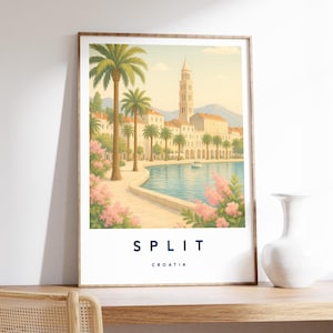 Ilustración de Split, póster de Split, arte mural de Croacia, impresión de viaje, decoración de viaje, impresión de viaje colorida, A4/A3/A2/A1