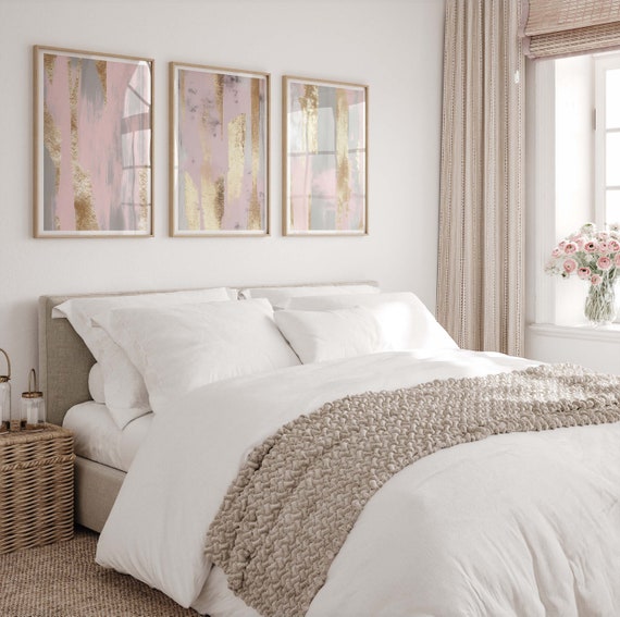 Set of 3 Abstract Blush Pink Gold Prints Set of 3 Brush Stroke