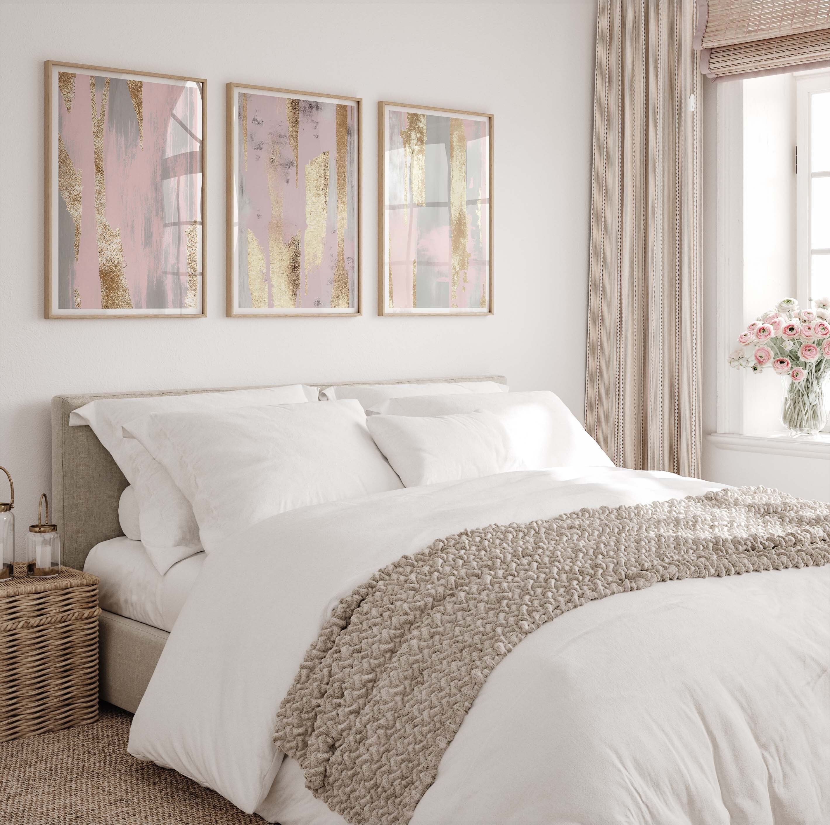 Set of 3 Abstract Blush Pink Gold Prints Set of 3 Brush Stroke