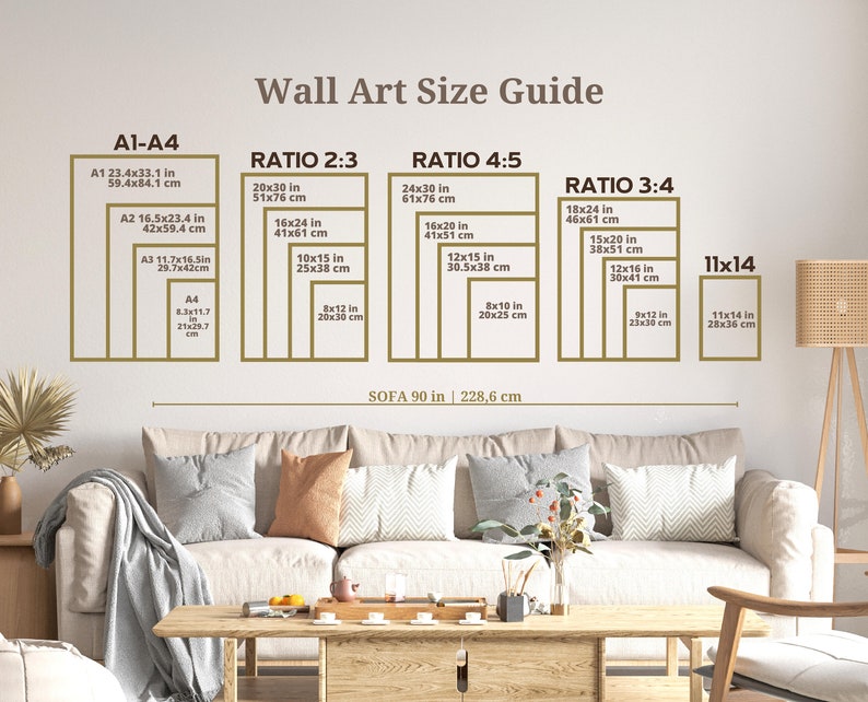 May include: A wall art size guide with different ratios and measurements in inches and centimeters. The guide shows the size of art pieces that would look good above a 90-inch sofa.