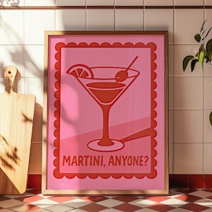 Martini Wall Art Print, Retro Cocktail Poster, Bar Cart Decor, Mid Century Art, Pink Red Kitchen Print, Fun Drink Wall Art, Home Bar Decor