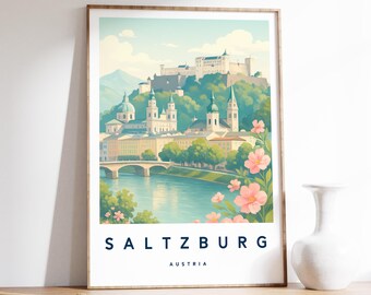 Illustration de Saltzbourg, affiche de Saltzbourg, art mural Autriche, impression de voyage, impression d'Autriche, décoration de voyage, impression de voyage colorée, A4/A3/A2/A1